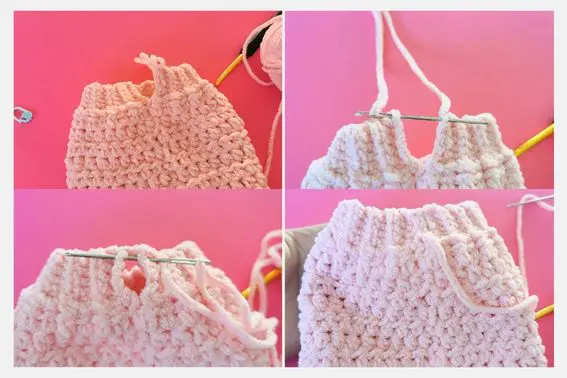 Four-step image collage showing how to crochet and join a sleeve section to a pink crochet heart cardigan using a hook and chain stitches.