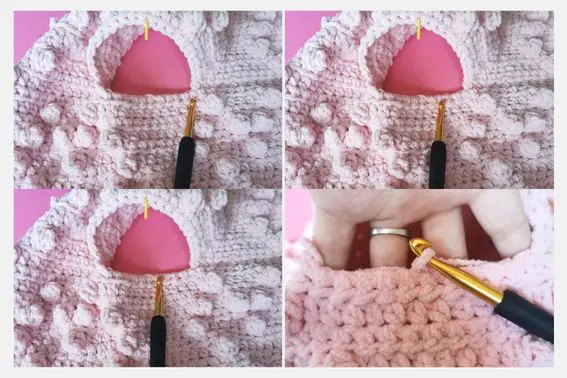 Four-step photo collage showing how to seam the underarm of a pink crochet heart cardigan using a yarn needle and crochet hook.