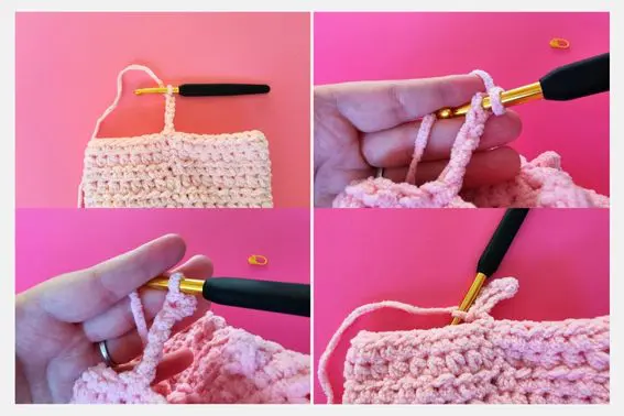 Four-step image collage showing how to crochet and join a sleeve section to a pink crochet heart cardigan using a hook and chain stitches.