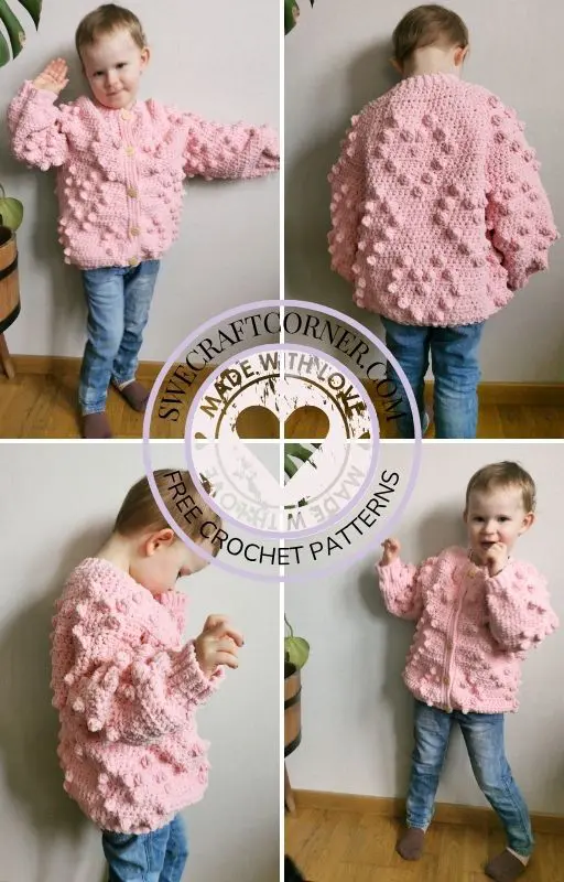 Collage of a toddler modeling a pink crochet heart cardigan from multiple angles, with SweCraftCorner watermark.