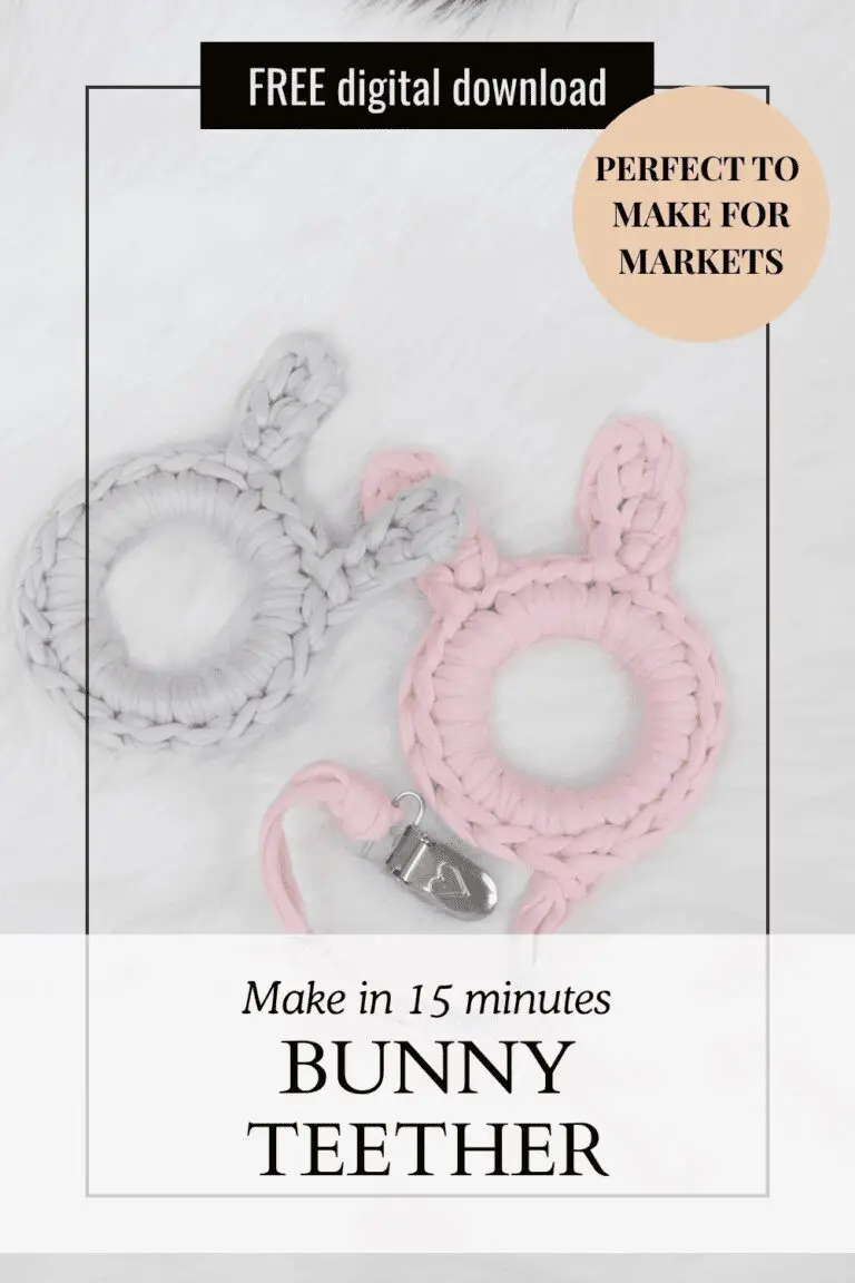 a bunny teether made from this free crochet pattern, one in pink and one in gray on a white background