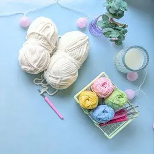 Yarn, hooks, and colorful crochet supplies