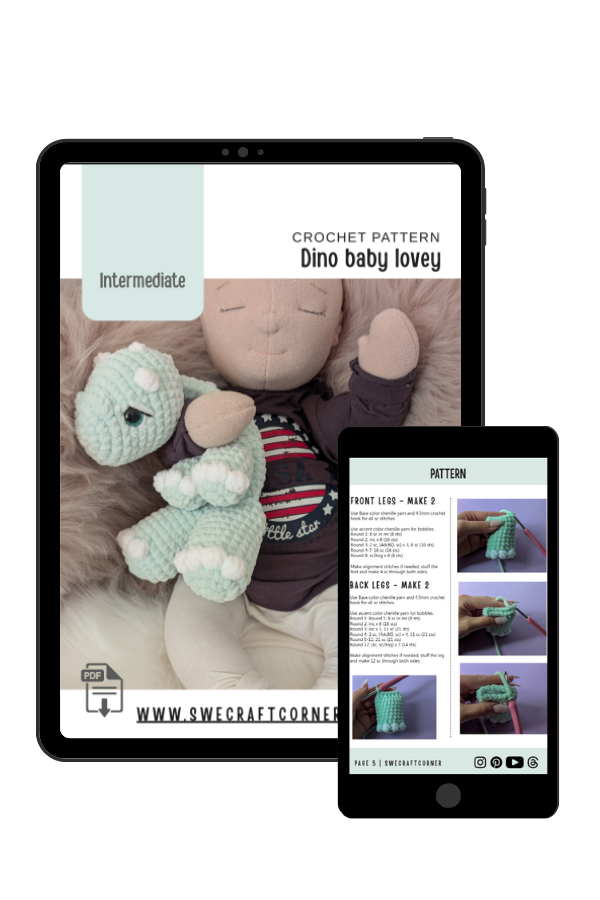 A mockup showing the dinosaur lovey crochet pattern in PDF format on a tablet and phone