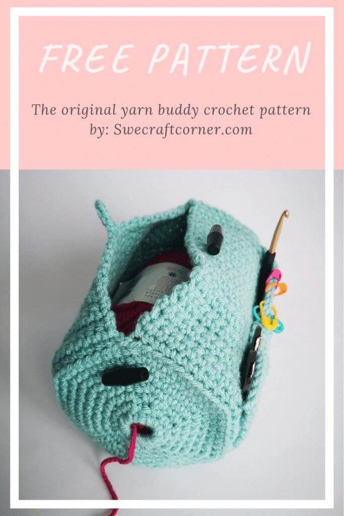 A light blue crocheted yarn holder doubles as a handy crochet organizer, holding a ball of red yarn and a crochet hook inside. The image text reads: Free Pattern - The original yarn buddy crochet pattern by: Swecraftcorner.com.