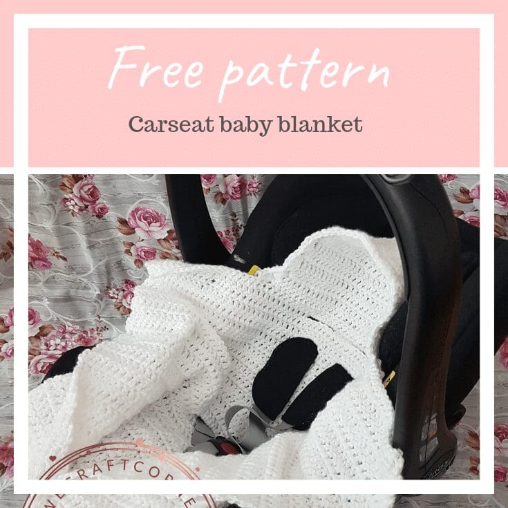 A white crochet baby blanket is draped over a black car seat on a floral-patterned background. Text above reads: Free pattern - Carseat crochet blanket.