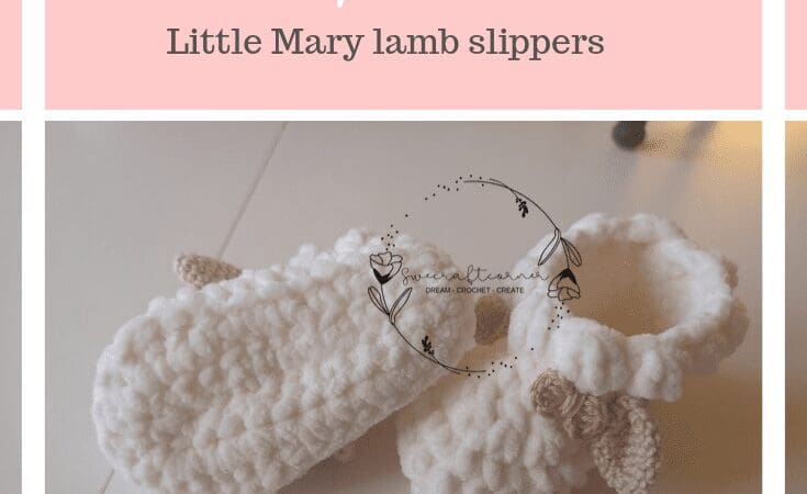Two white crocheted baby slippers designed to look like lambs, with little ears and textured stitching, are displayed on a light surface. Perfect for fans of baby crochet clothes. Text above reads free pattern: Little Mary lamb slippers.