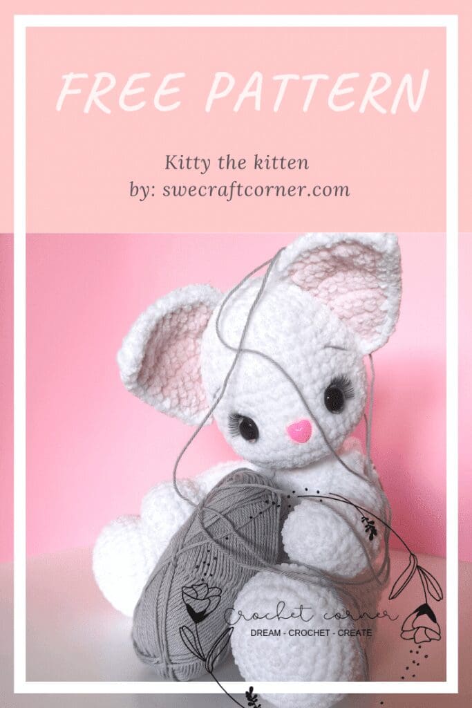 A crocheted white kitten with pink ears sits beside a ball of gray yarn. Text above reads: FREE PATTERN, Kitty the crochet cat plushie, by: swecraftcorner.com. Decorative floral sketch and logo appear at the bottom.
