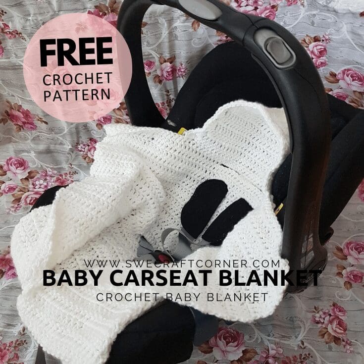 A white crochet baby blanket is draped over a black car seat, set against a pink and gray floral background. Text on the image promotes a crochet pattern for a cozy baby car seat blanket.