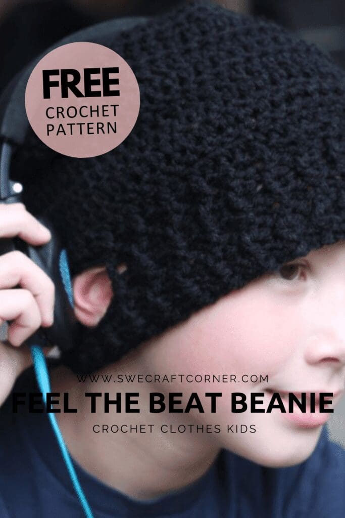 A child wearing a chunky black crochet beanie and holding headphones to their ear. Text on the image reads: Free crochet pattern. Feel the Beat Crochet Beanie. Crochet Clothes Kids. www.swecraftcorner.com.