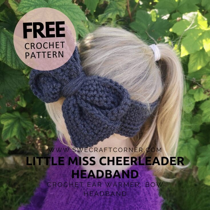 A young child in a purple sweater and gray crocheted headband with a large bow stands outdoors near green foliage. Text promotes a free crochet pattern for the Little Miss Cheerleader Headband.