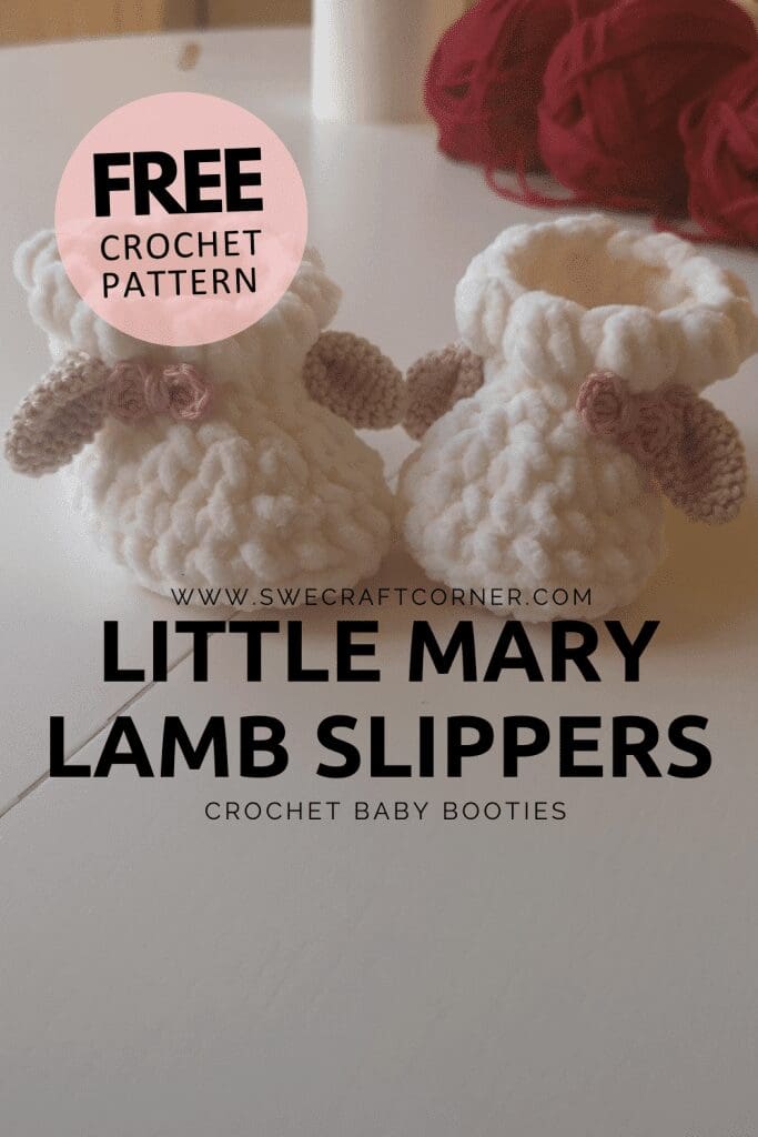 Two white crocheted baby booties with small ears, resembling lambs, sit on a table. Text reads: FREE Crochet Pattern. Little Mary Lamb Slippers—perfect for your next baby booties crochet project. Red yarn is visible in the background.
