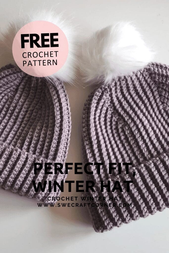 Two matching ribbed crochet beanies in adult and child sizes, styled as a Mommy and Me winter set, made with soft yarn and folded brims. Showing two hats made from the free pdf crochet pattern in the linked post