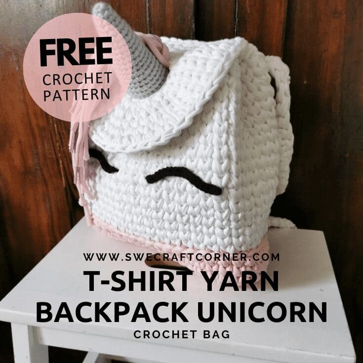 A white crochet backpack shaped like a unicorn with a horn, black eyes, and pink accents sits on a table. Text overlay advertises a free unicorn backpack crochet pattern and tips on how to make a backpack at swecraftcorner.com.
