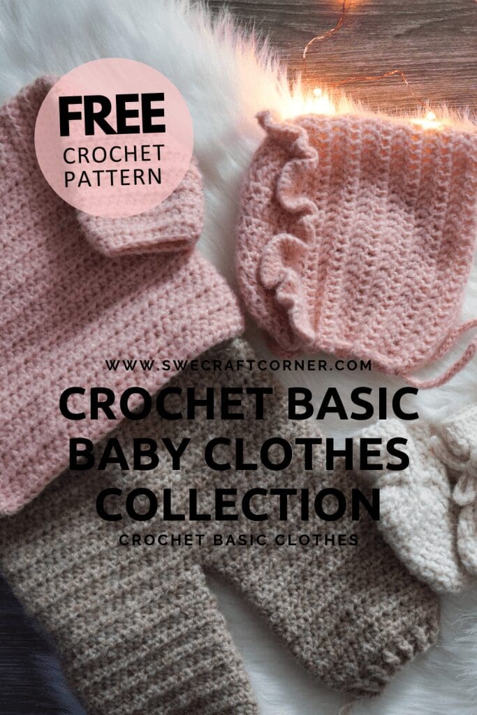 Flat lay of baby crochet clothes, featuring pants, a ruffled hat, sweater, and mittens in soft pink and cream on a fluffy white surface with string lights. Text overlay promotes free crochet patterns.