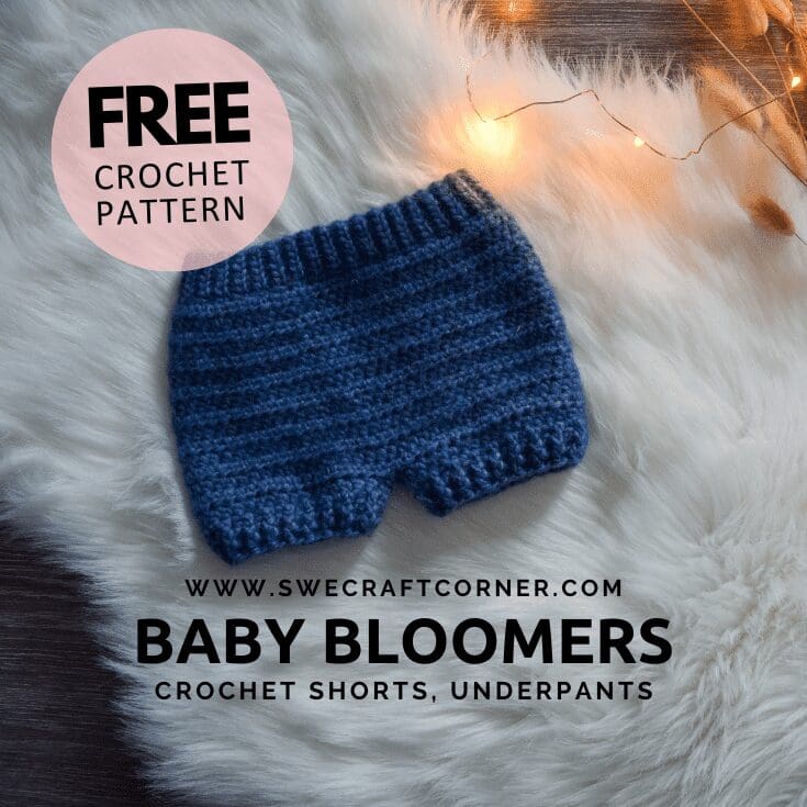 Dark blue crocheted baby bloomers displayed on a white fur surface with warm string lights; text promotes a free crochet pattern for baby bloomers—perfect for fans of baby crochet clothes—at swecraftcorner.com.