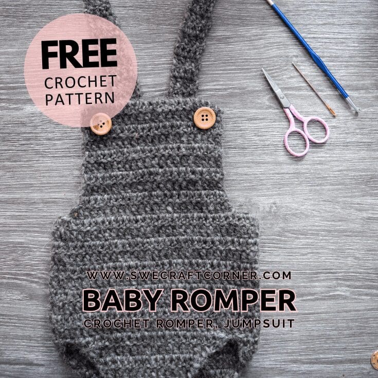 Gray crocheted baby romper with wooden buttons, a charming piece of baby crochet clothes, is laid on a wooden surface next to pink scissors and crochet hooks. Text overlay reads Free crochet pattern and Baby Romper with a website link.