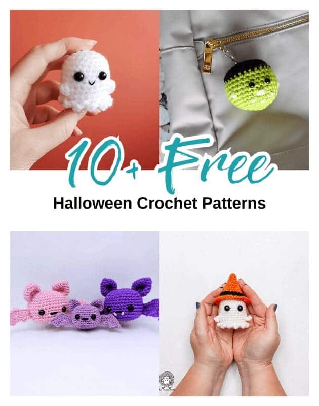 A collage featuring cute Halloween crochet patterns: a small white ghost, a green and black crochet keychain, three pastel bats, and a white ghost with an orange witch hat. Text reads “10+ Free Halloween Crochet Patterns.”.