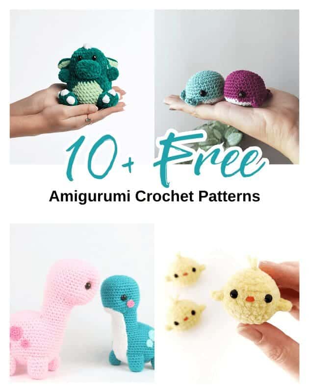 Collage of four photos showing cute crochet amigurumi animals: a green dragon, two small round creatures, a pink and blue dinosaur pair, and three yellow chick-like figures, with text saying 10+ Free Amigurumi Crochet Patterns.