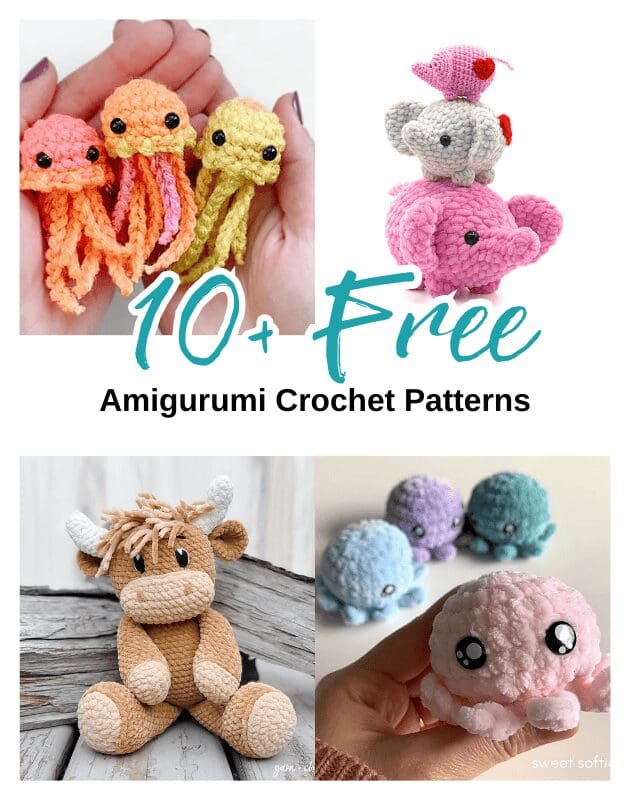 A collage of cute crocheted animals including jellyfish, elephants, a cow, and round creatures in pastel colors, with text reading 10+ Free Crochet Amigurumi Patterns in the center.