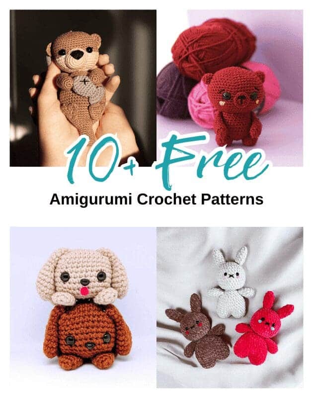 A collage of cute crochet amigurumi animals—a crochet otter, a bear with yarn, a dog, and three bunnies—with text overlay: “10+ Free Amigurumi Crochet Patterns.”.