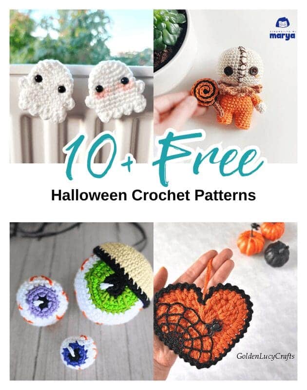 A collage shows cute crochet Halloween figures: two ghosts, a pumpkin-headed creature, two eyeballs, and a heart-shaped spiderweb, with the text “10+ Free Halloween Crochet Patterns.”.
