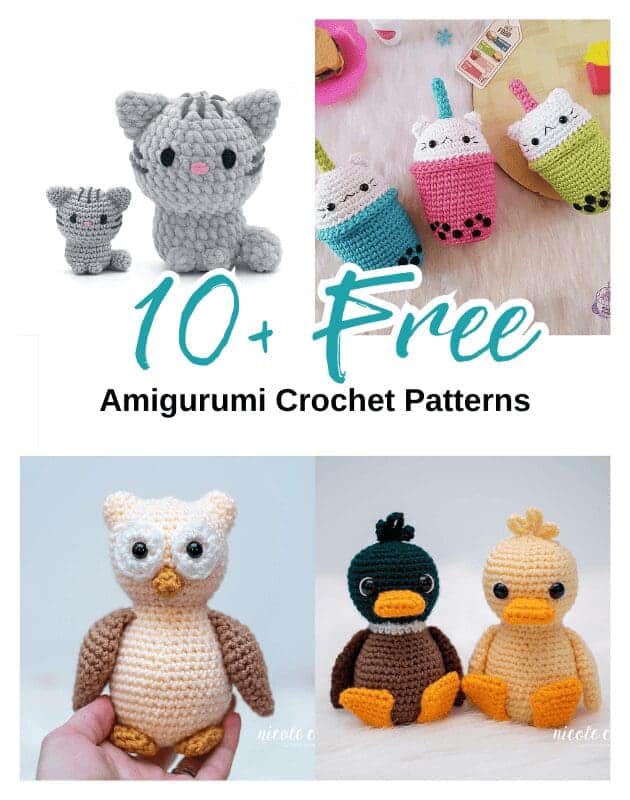 Collage of cute crochet animals and objects, including gray cats, bubble tea cups with animal faces, an owl, a duck, and a bird. Text reads “10+ Free Crochet Amigurumi Patterns” on a white background.
