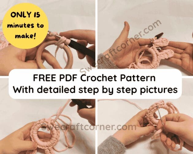Photos showing how to make this baby bunny teether with this free digital rncrochet pattern