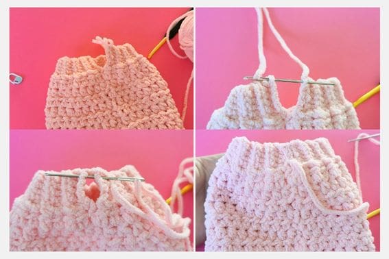 Crochet the Bobble Stitch Heart Cardigan for kids - Free pattern Four-step image collage showing how to crochet and join a sleeve section to a pink crochet heart cardigan using a hook and chain stitches.