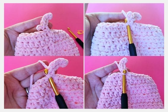 Crochet the Bobble Stitch Heart Cardigan for kids - Free pattern Four-step image collage showing how to crochet and join a sleeve section to a pink crochet heart cardigan using a hook and chain stitches.
