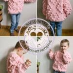 Collage of a toddler modeling a pink crochet heart cardigan from multiple angles, with SweCraftCorner watermark.