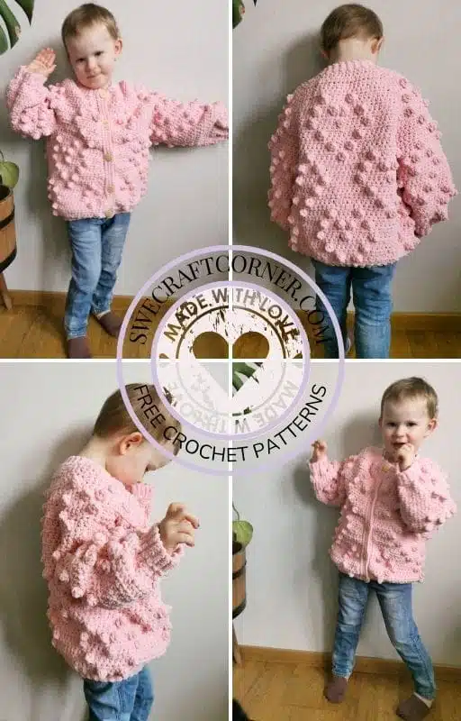 Collage of a toddler modeling a pink crochet heart cardigan from multiple angles, with SweCraftCorner watermark.