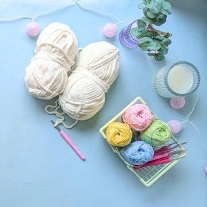 Yarn, hooks, and colorful crochet supplies