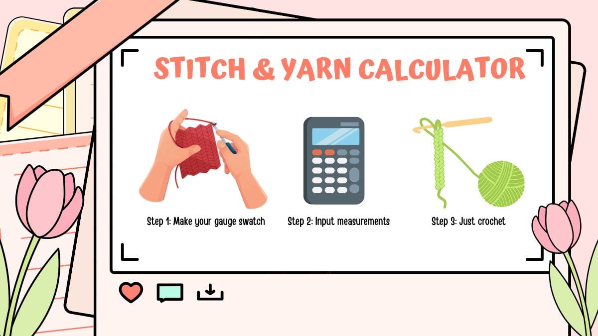 colorful info graphic about crochet stitch calculator for yarn usage and stitches needed for crochet projects