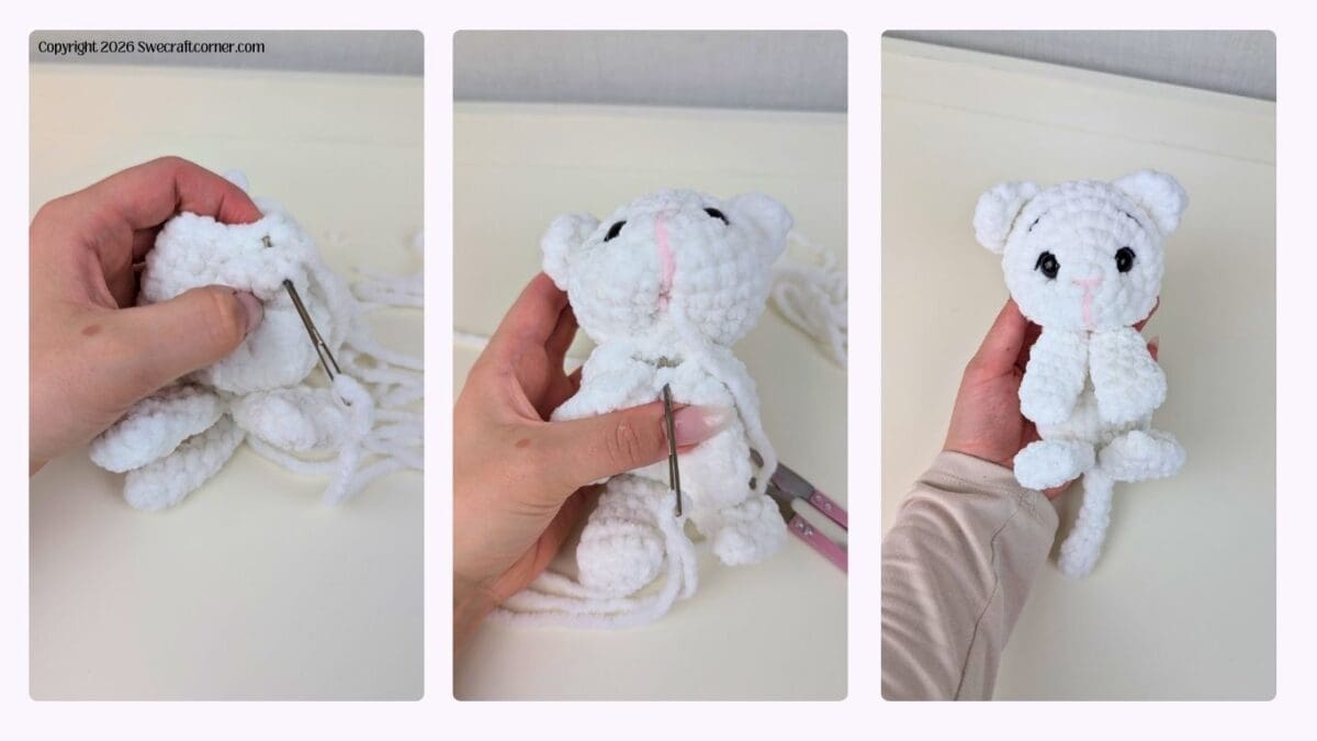 step 3 - Crocheting process with yarn and hook for making a cat plushie