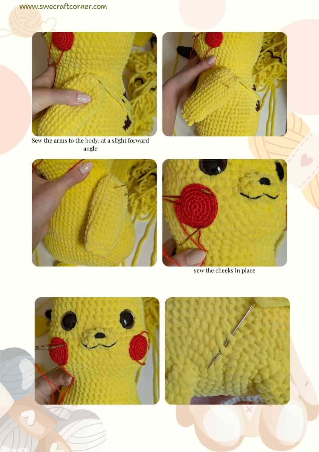 Crocheting Pikachu's arms and cheeks.