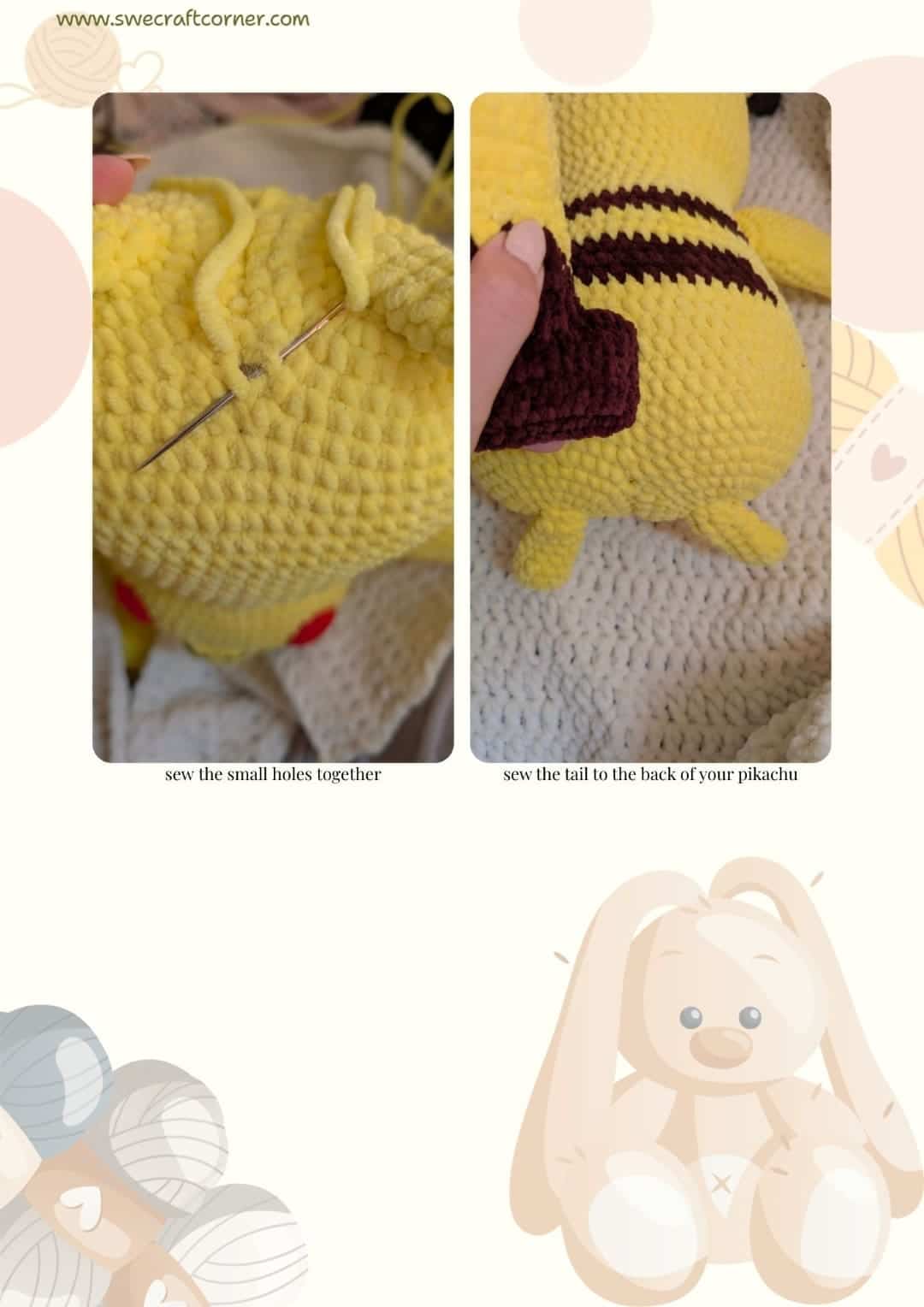 Sewing Pikachu's tail and holes.