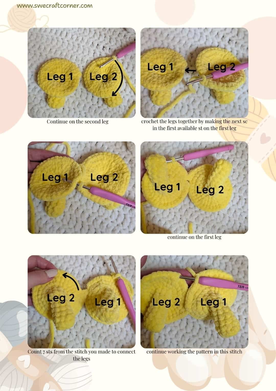 Crochet pattern steps for Pikachu legs