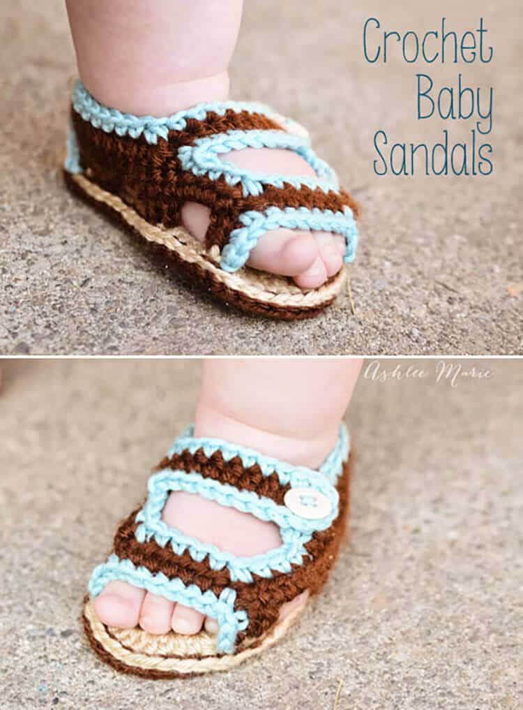 Close-up of a baby wearing handmade crochet sandals in brown and light blue yarn, with an open toe design and a button on the side, shown from different angles on a light outdoor surface. Text reads Crochet Baby Sandals.