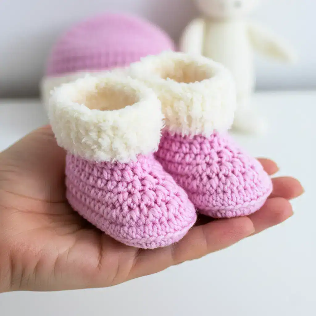 A hand holds a pair of small, pink crocheted baby booties with white fluffy cuffs; a blurred soft toy and hat appear in the background.