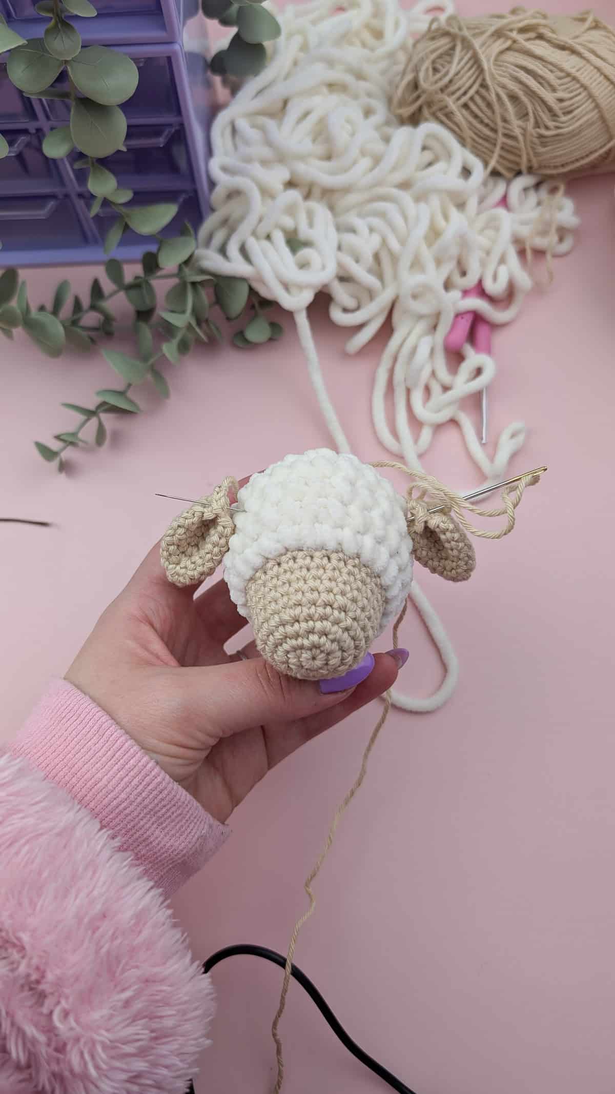 placement of the ears on a crocheted lamb head