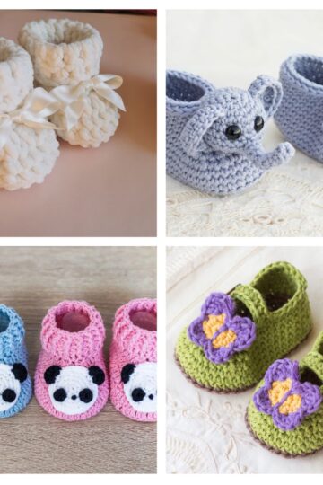 A collage of four pairs of baby booties: white with bows, lavender with mouse faces, blue and pink with panda faces, and green with purple and yellow flowers.