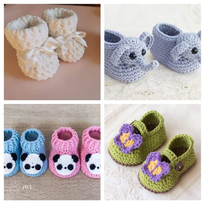 A collage of four pairs of baby booties: white with bows, lavender with mouse faces, blue and pink with panda faces, and green with purple and yellow flowers.