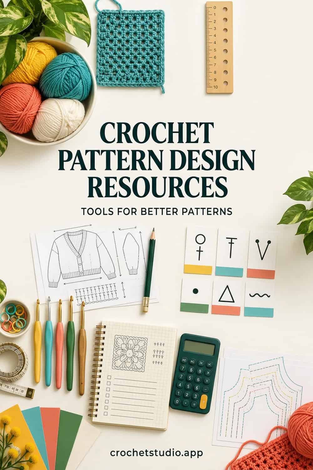 A flat lay of Crochet Pattern Design supplies, pattern sketches, colored yarn balls, crochet hooks, a notebook with a crochet motif, a calculator, and design symbols on cards—perfect for creative designers.