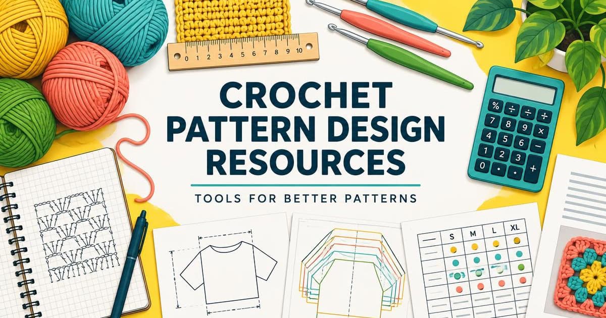 Colorful yarn, crochet hooks, ruler, calculator, and pattern sketches surround bold text: Crochet Pattern Design Resources - Essential Tools for Better Crochet Pattern Design on a yellow background with leaves.