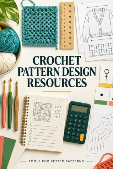 A flat lay of Crochet Pattern Design tools—yarn, hooks, patterns, calculator, and notes—with the text Crochet Pattern Design Resources in the center.