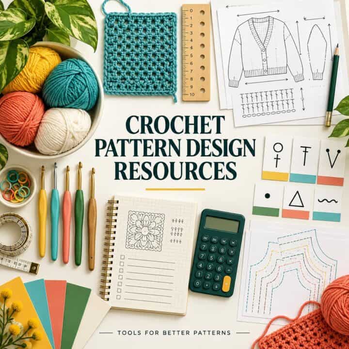 A flat lay of Crochet Pattern Design tools-yarn, hooks, patterns, calculator, and notes-with the text Crochet Pattern Design Resources in the center.