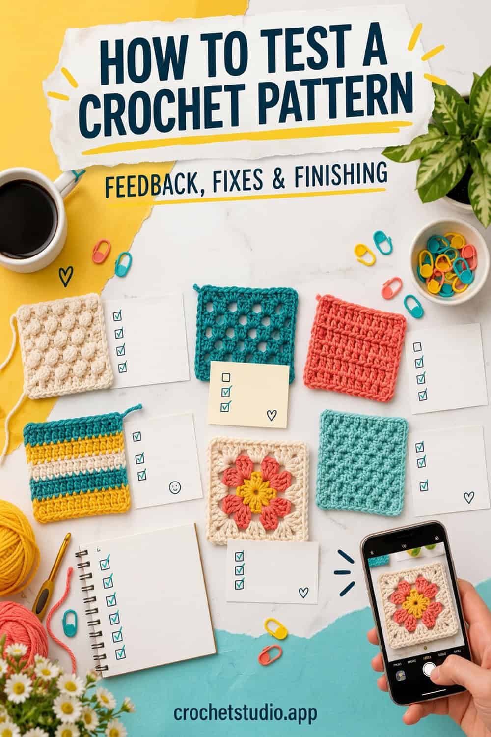 Flat lay of crochet swatches, checklists, yarn, hooks, a phone taking a photo, coffee, and a notebook. The text above reads: How to Test a Crochet Pattern: Feedback, Fixes Finishing for those who sell crochet patterns.