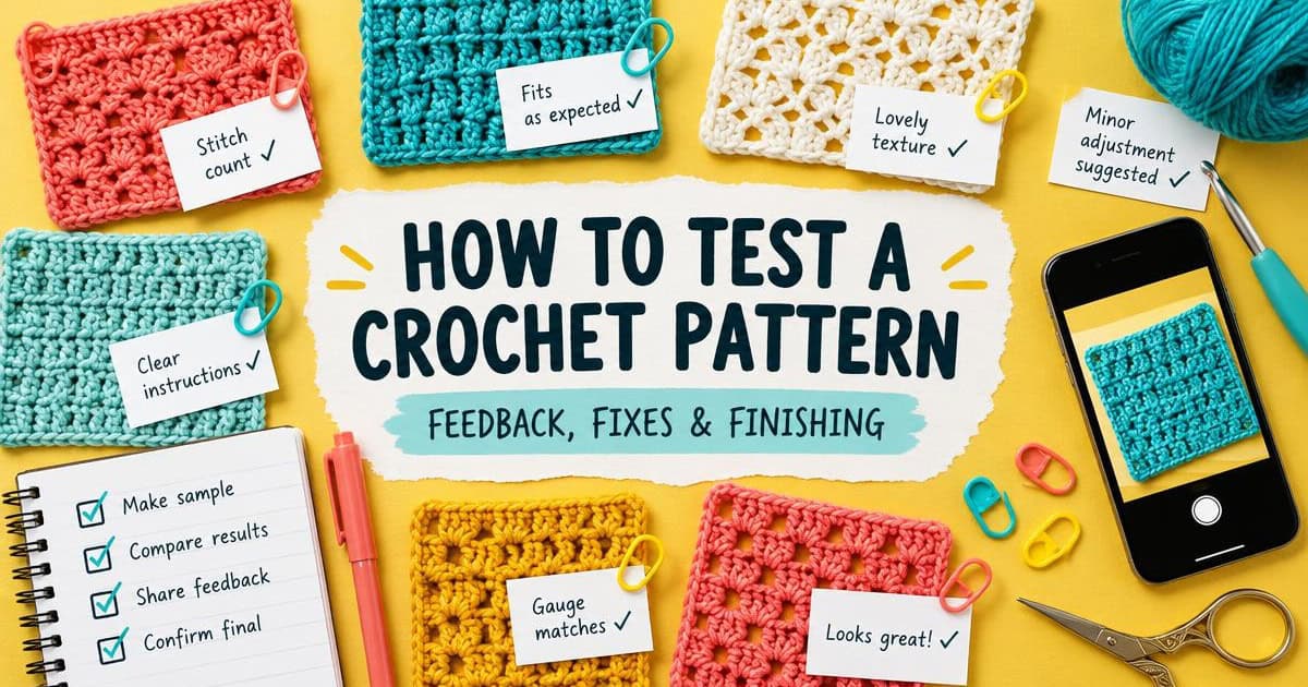 A flat lay of crochet swatches, notes, yarn, phone, and tools with text: How to test a crochet pattern for feedback and fixes—essential steps before you sell crochet patterns. Notes highlight stitch count, fit, and more.