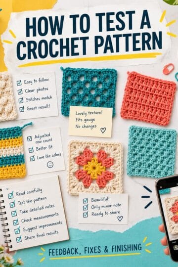 A flat lay of crochet swatches, notes, and a smartphone taking a photo of a colorful granny square, showing tips to test crochet patterns with checklists, coffee, and essential crochet tools.