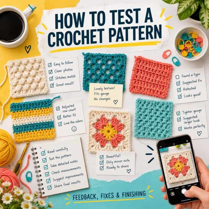 A flat lay of crochet swatches, notes, and a smartphone taking a photo of a colorful granny square, showing tips to test crochet patterns with checklists, coffee, and essential crochet tools.